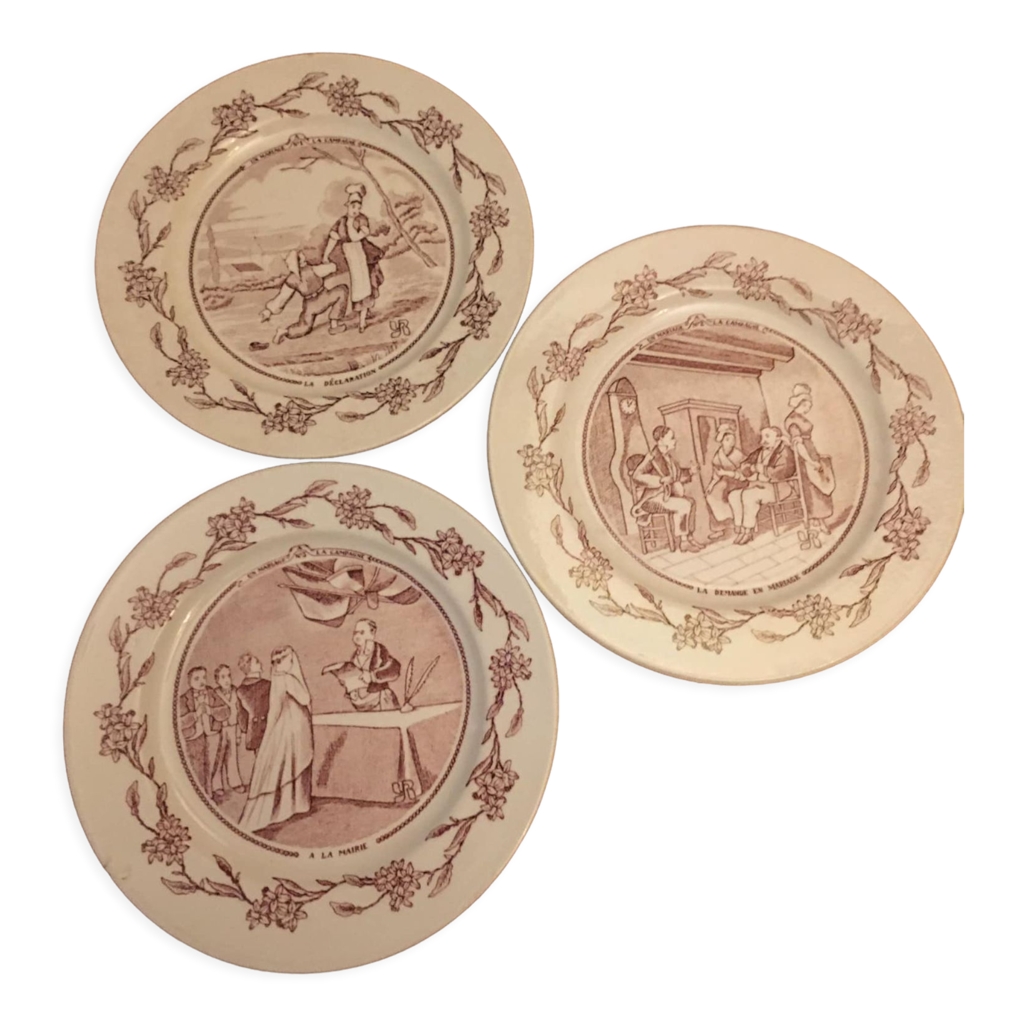 Set of 3 talking plates (a wedding in the countryside) in earthenware