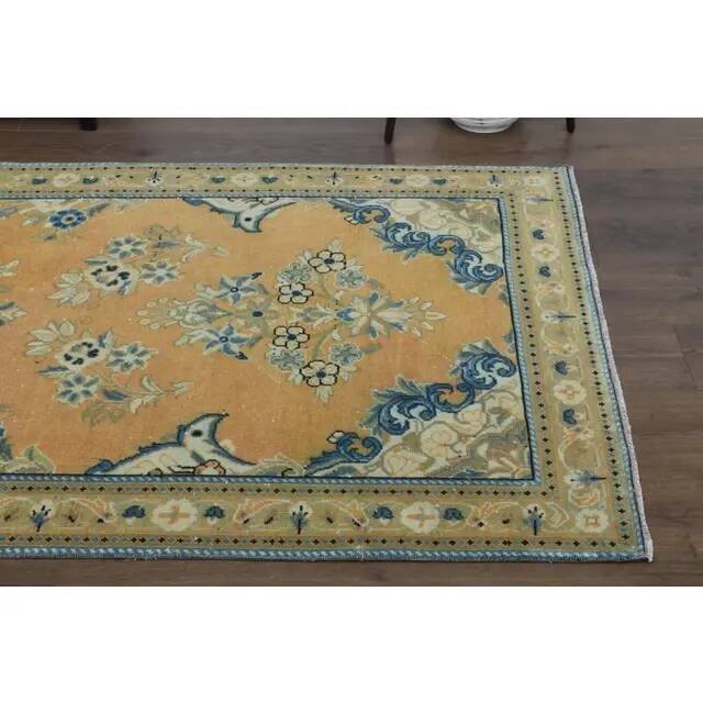 1970s Vintage Turkish Oushak Handmade Wool Cotton Orange Runner Rug 117x312
