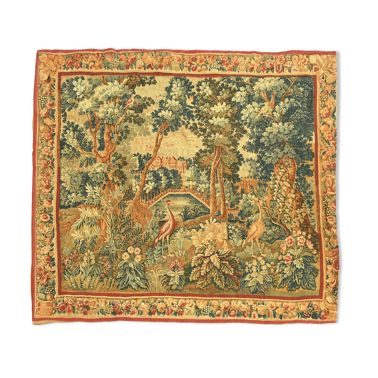 Printed green tapestry depicting birds in the park of a castle
