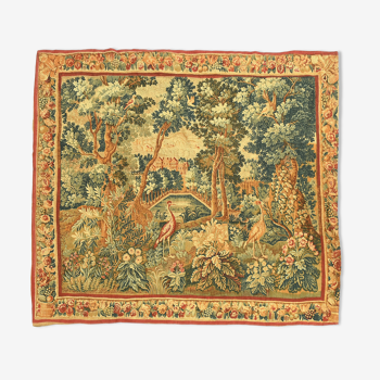Printed green tapestry depicting birds in the park of a castle