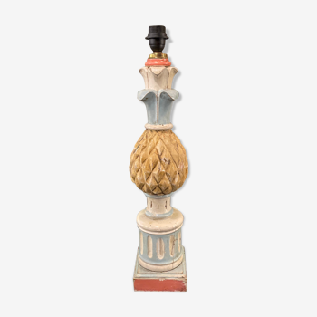 Pied de lampe ananas, bois peint à la main, années 50