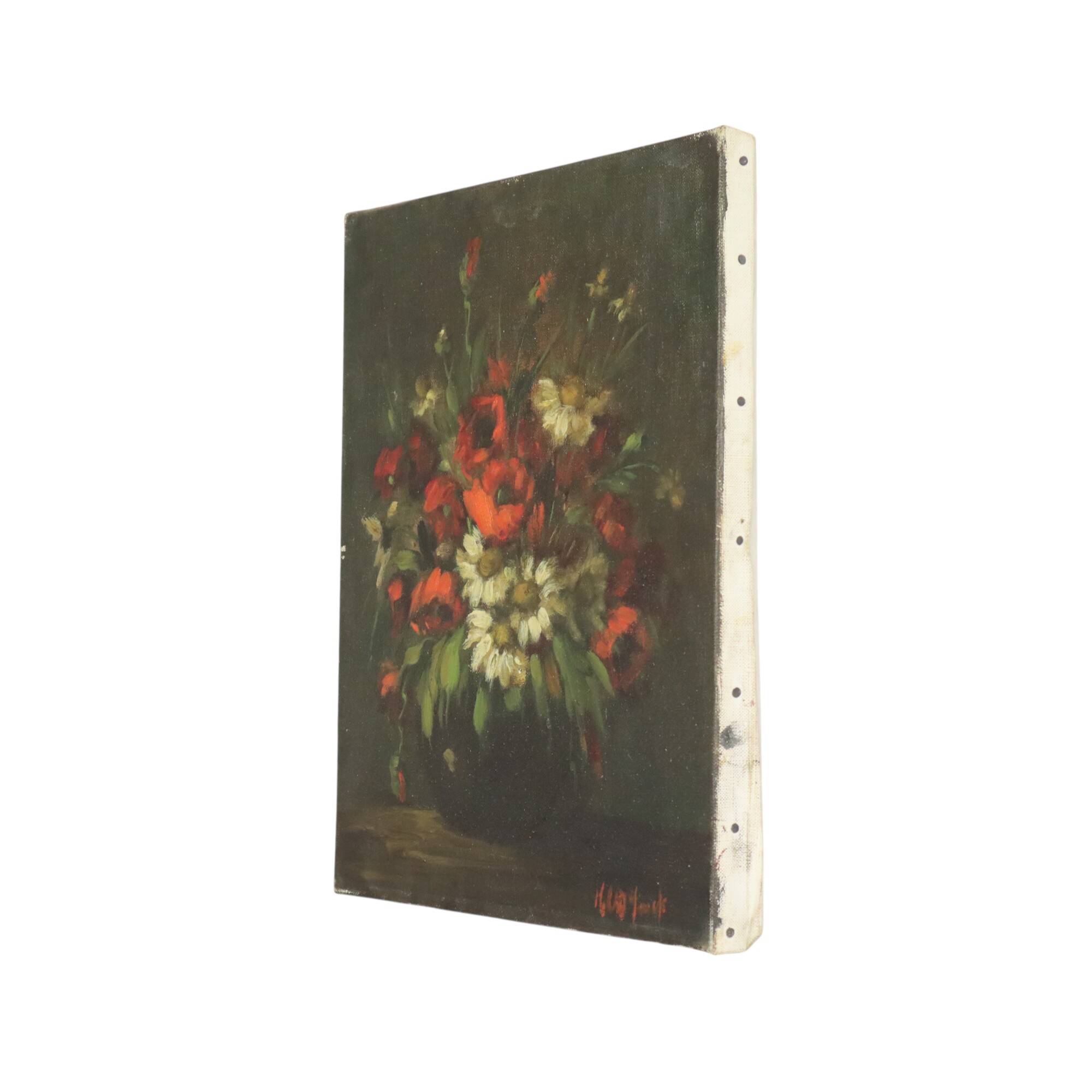 Flowers Still Life Painting Oil on Canvas Amateur Signed