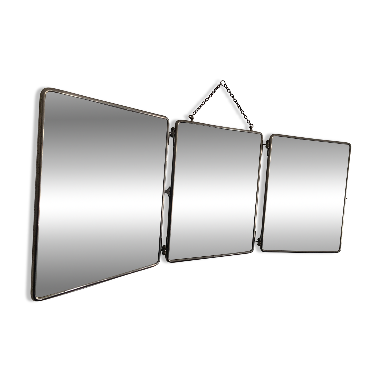 Miroir vintage 1930 triptyque barbier simili galuchat brun - 30 x 77 cm