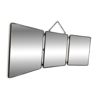 Miroir vintage 1930 triptyque barbier simili galuchat brun - 30 x 77 cm