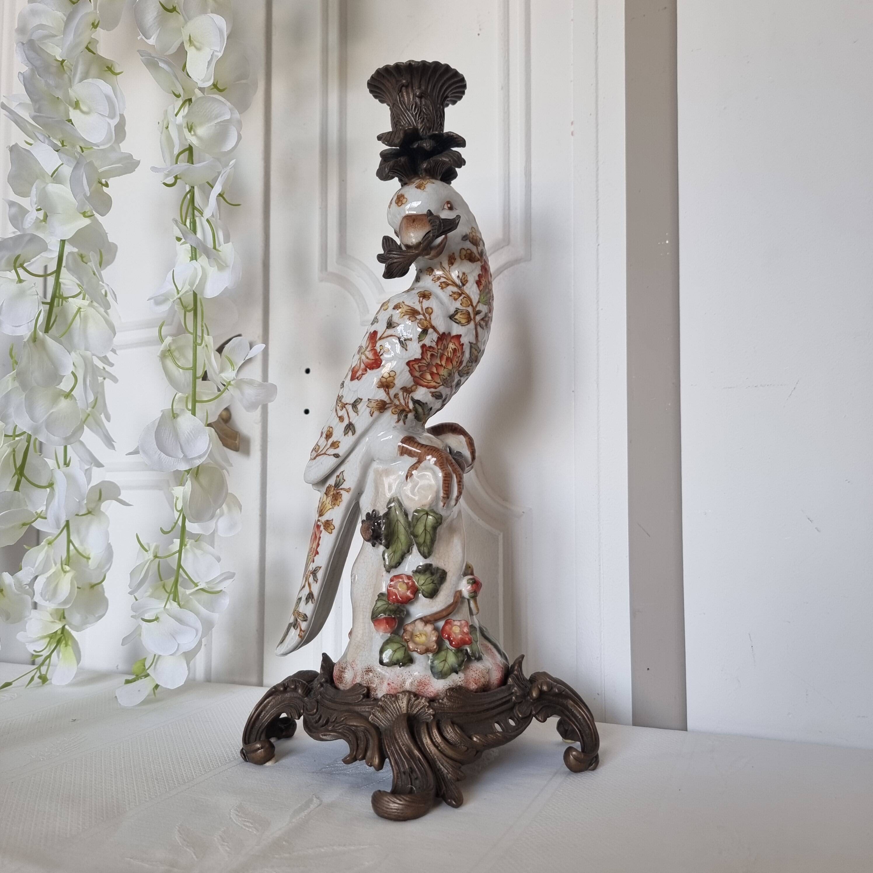 Parrot Candle Holder, Enameled Porcelain and Bronze, Late 19th Century