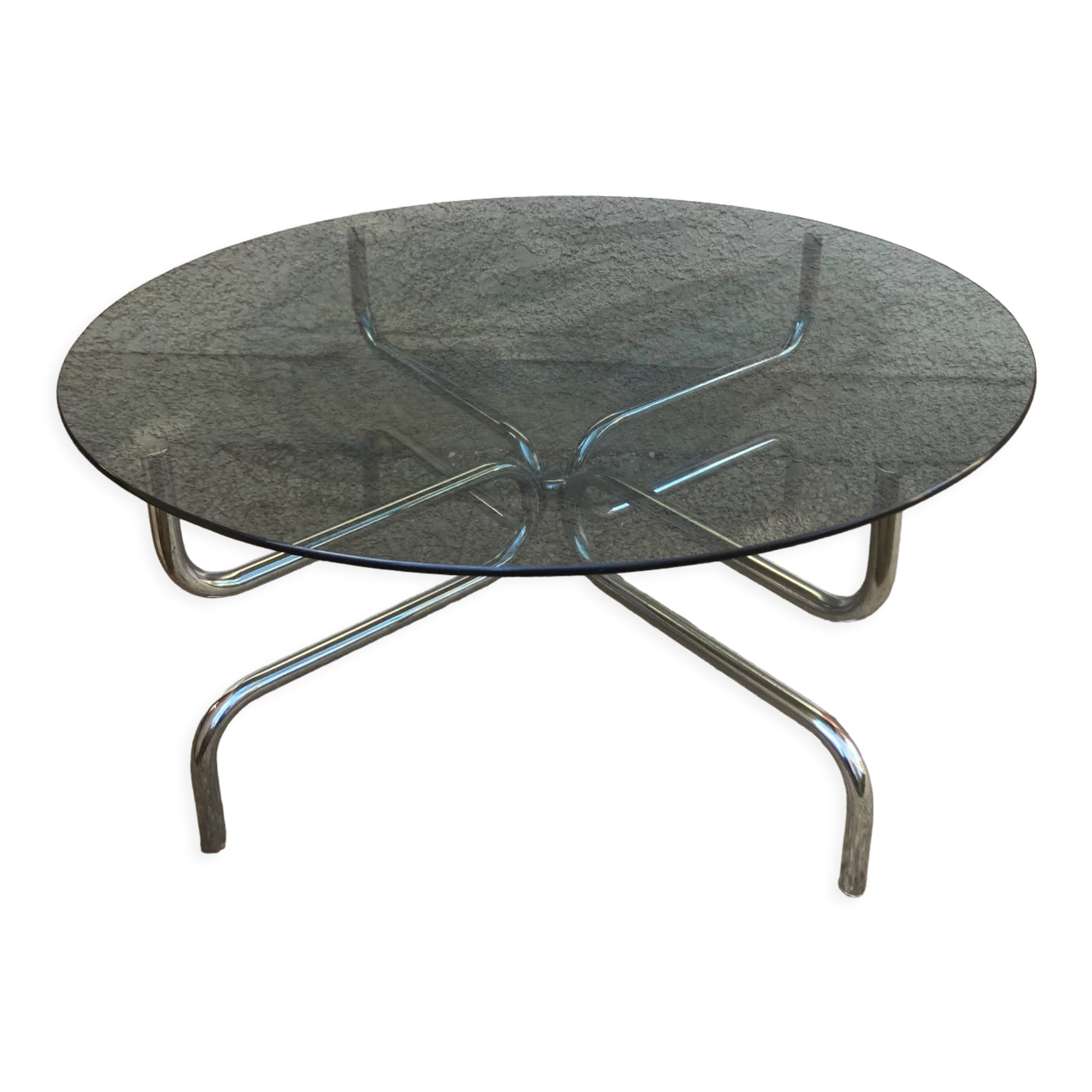 Table basse vintage en verre fumé et chrome