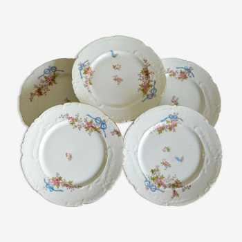 5 flat plates porcelain Limoges hand decoration