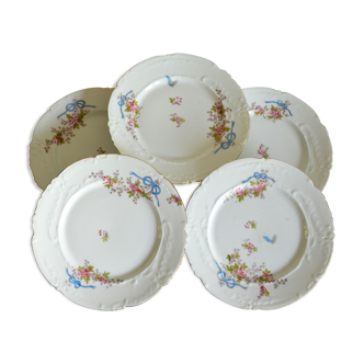 5 flat plates porcelain Limoges hand decoration