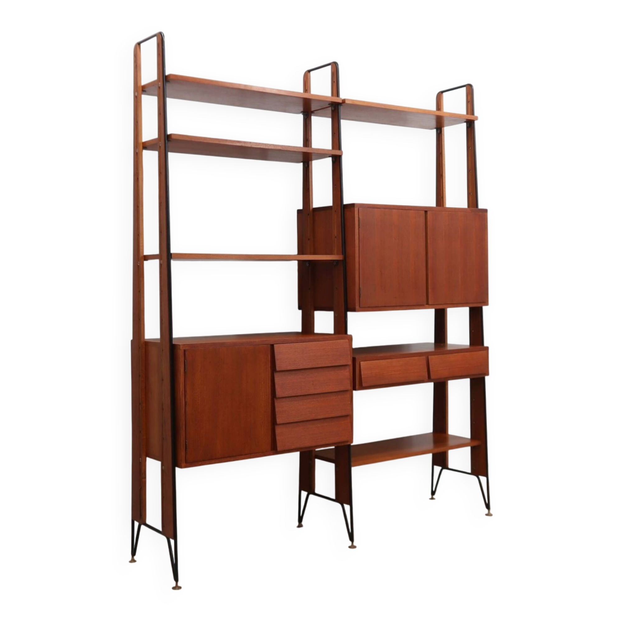 Mid century modular teak bookcase with bar unit, Italy 1950s