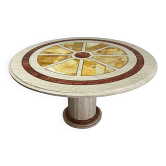 Round travertine diningtable with yellow marble and brass inlay