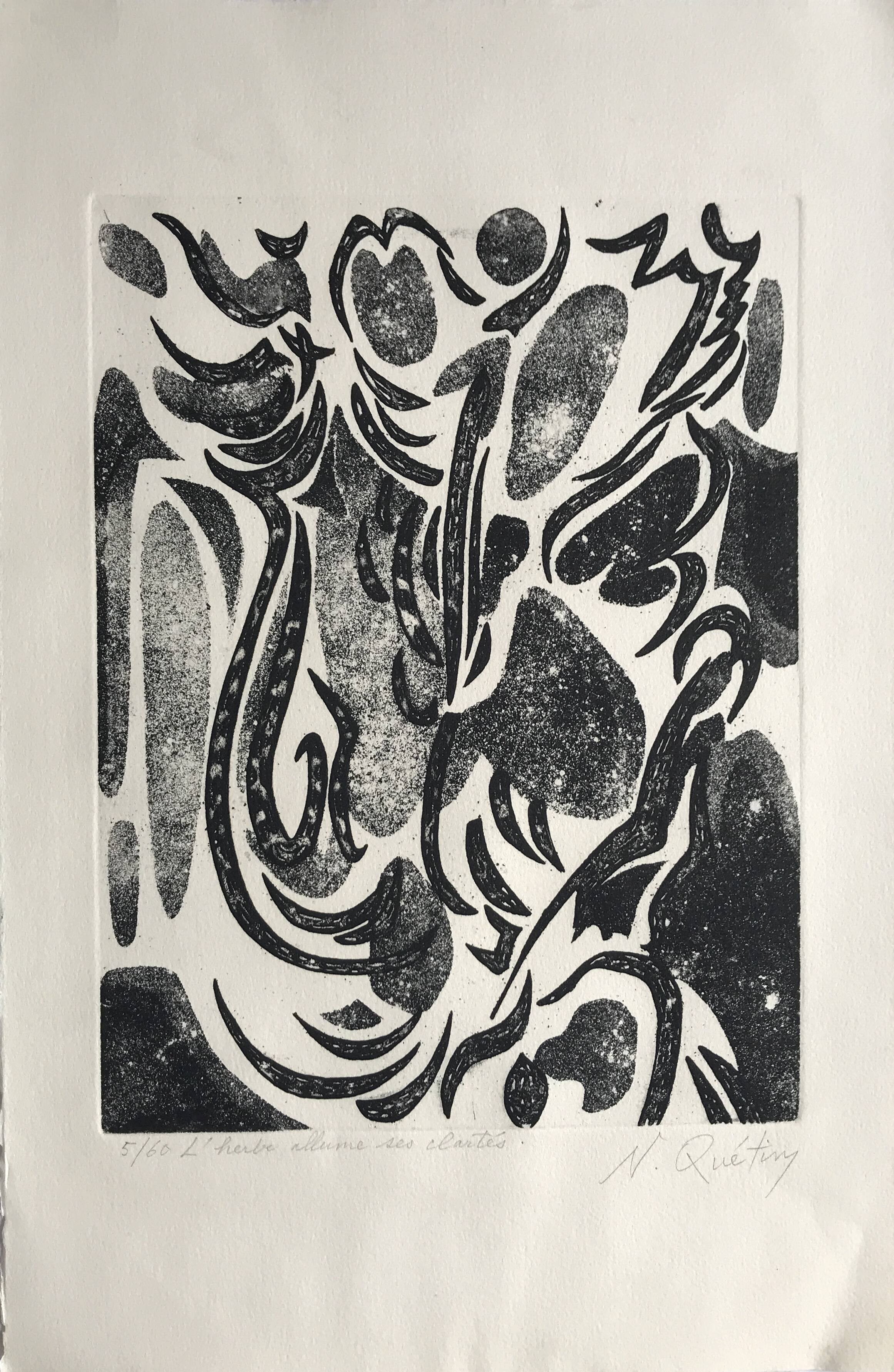 Nicole quétin, the grass lights up its lights, c. 1990. etching signed in pencil