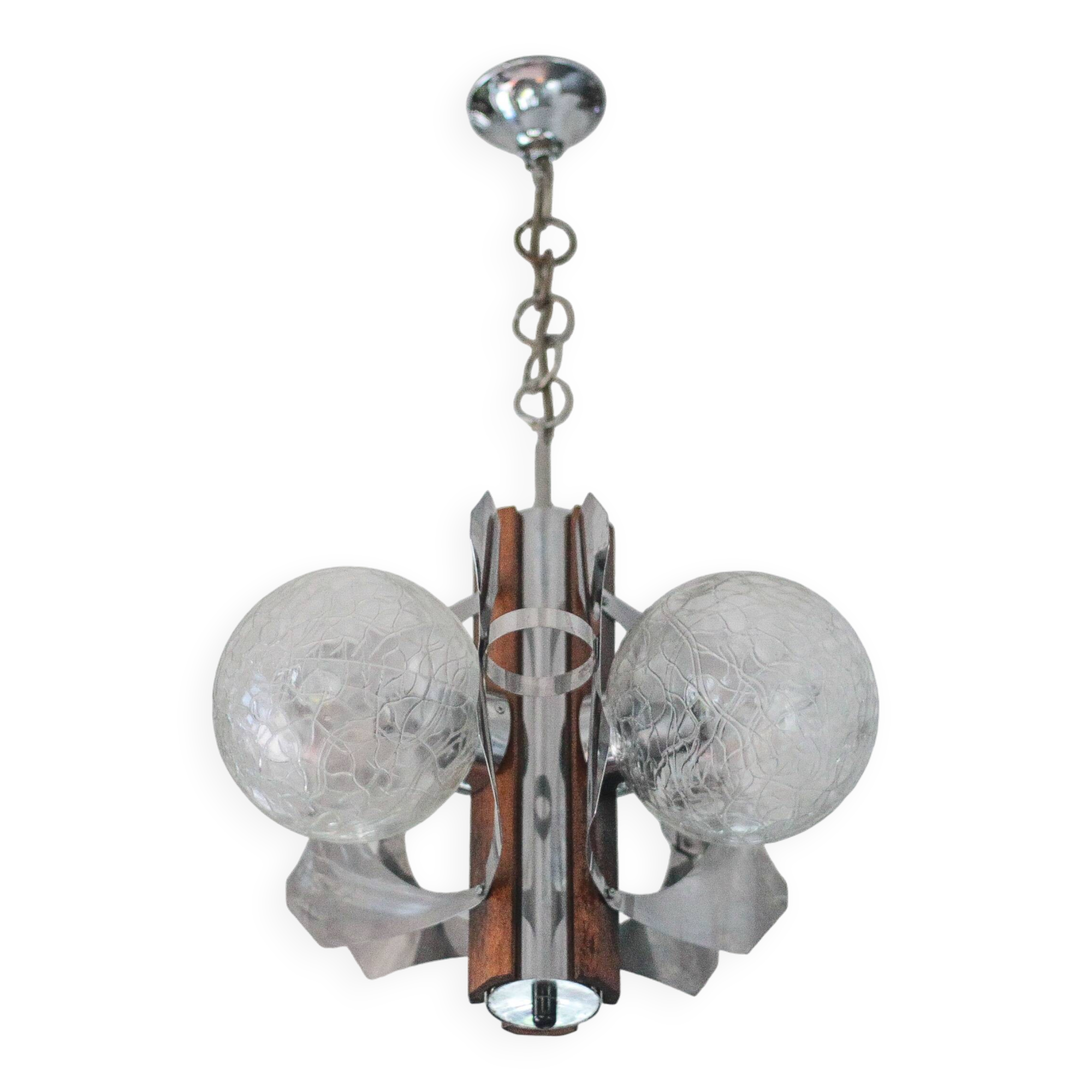 Space Age metal and wood pendant light, 3-globe chandelier, Sputnik chandelier, lamp