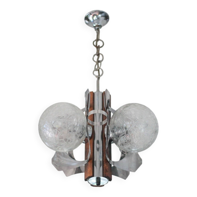 Suspension space age métal et bois, lustre 3 globes, lustre sputnik, lampe
