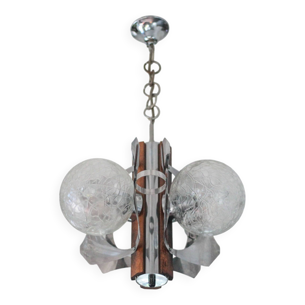 Suspension space age métal et bois, lustre 3 globes, lustre sputnik, lampe — Beyit