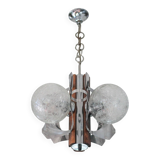 Space Age metal and wood pendant light, 3-globe chandelier, Sputnik chandelier, lamp