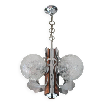 Space Age metal and wood pendant light, 3-globe chandelier, Sputnik chandelier, lamp