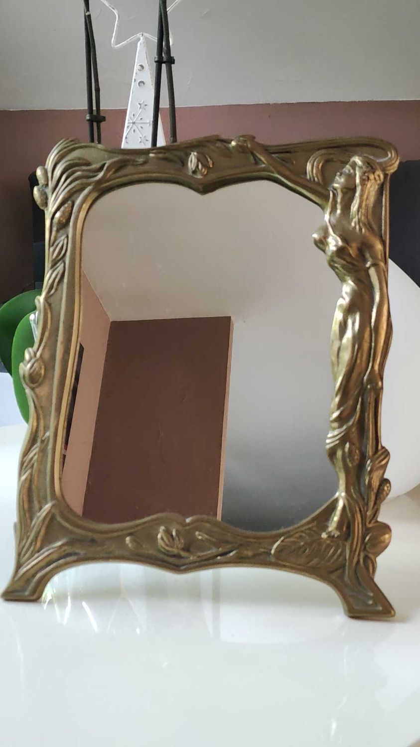 Brass table mirror, art nouveau, lady figurine/foliage, wheat ears