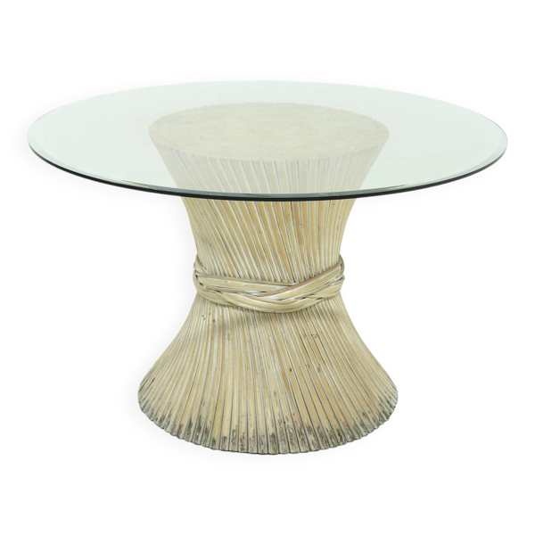Table de salle à manger ronde en bambou et verre, attribuée à McGuire, États-Unis, années 1970