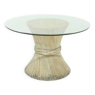 Bamboo and Glass Round Dining Table Attributed to McGuire, USA 1970s