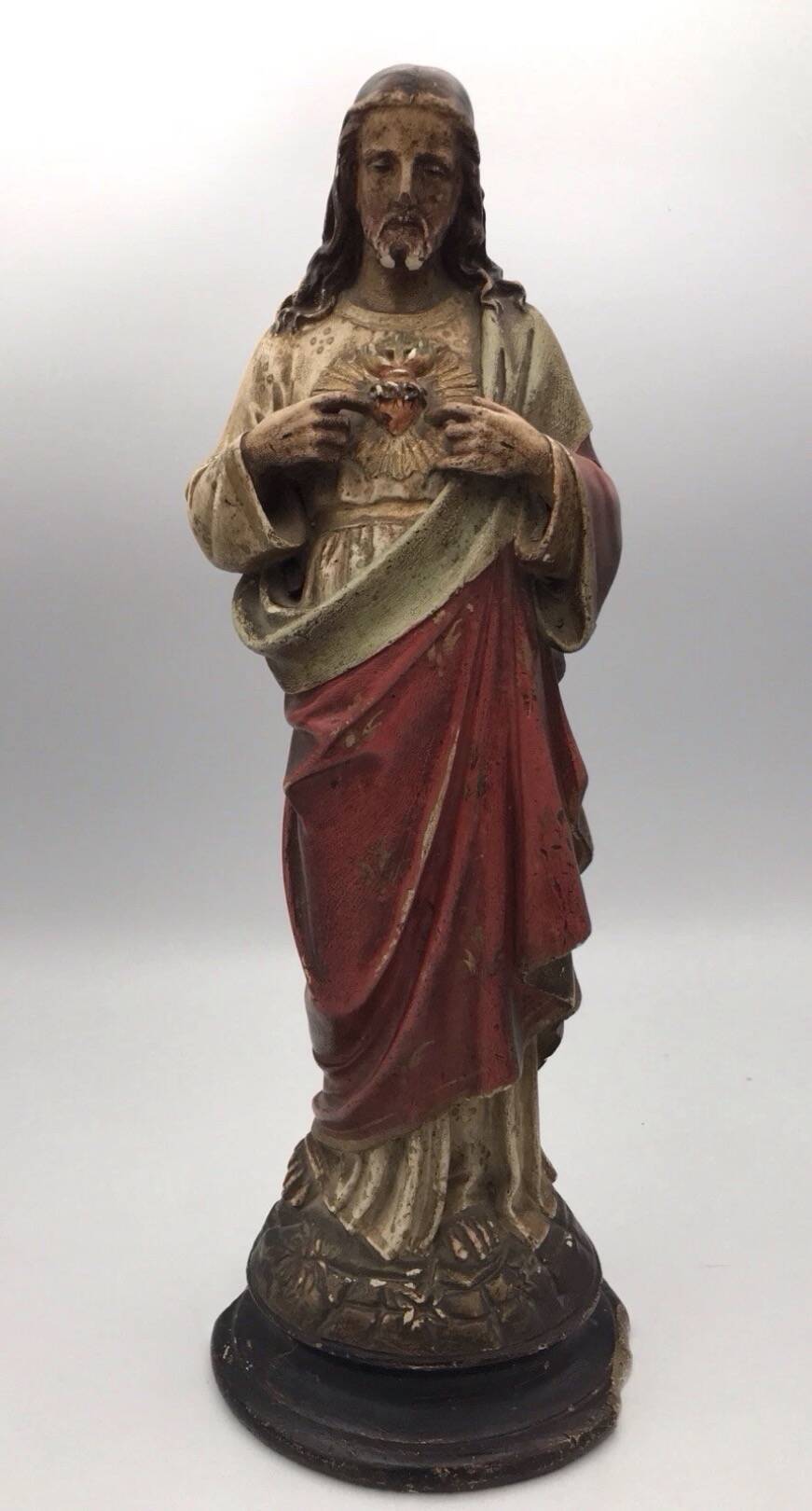SACRED HEART of Jesus, polychrome plaster religious statue signed 19th century.