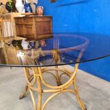 70's smoked glass and rattan table