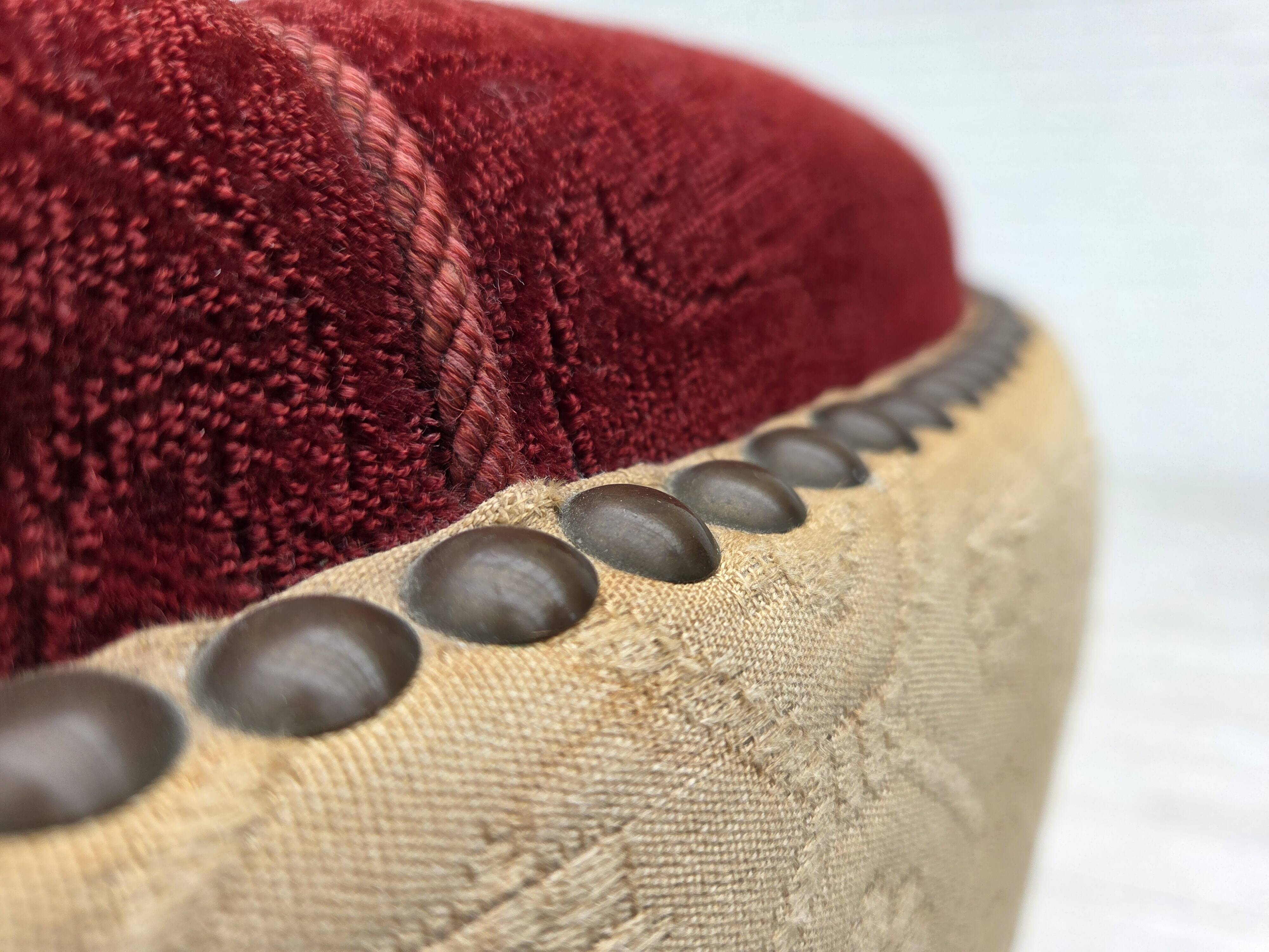 1960s, Danish curved 2-seater sofa, red/beige furniture wool fabric.