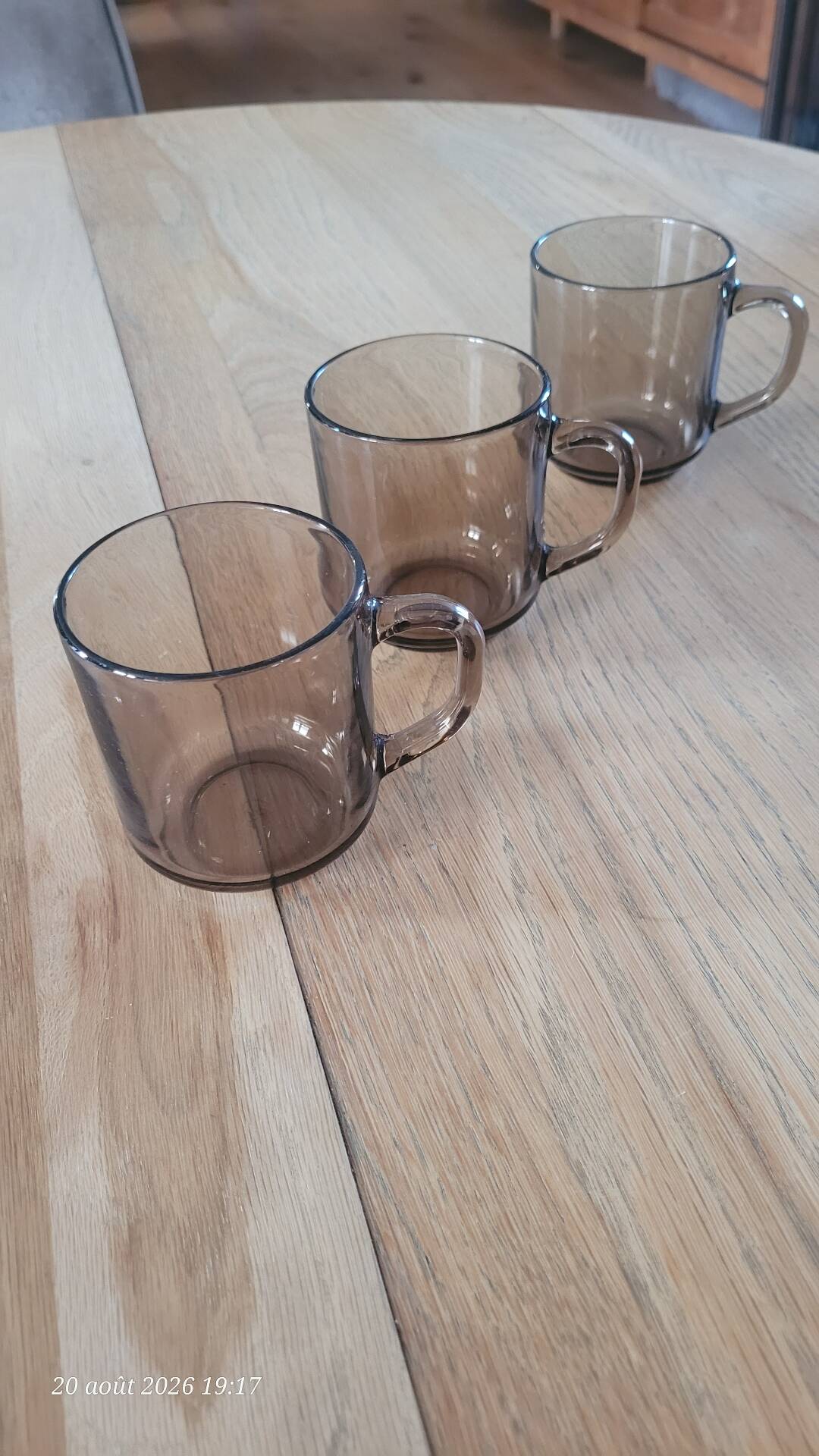 3 Arcoroc BP mugs in smoked glass