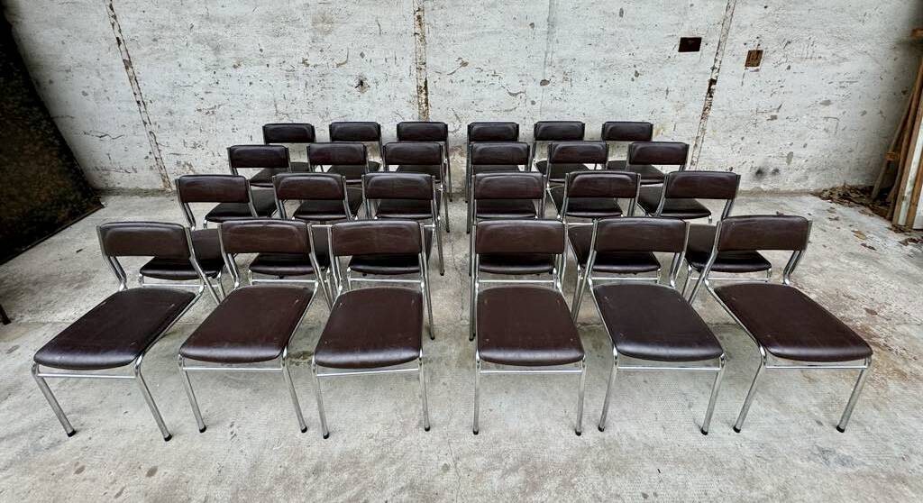 Series of 42 civic chairs year 1970 stackable chrome and skai