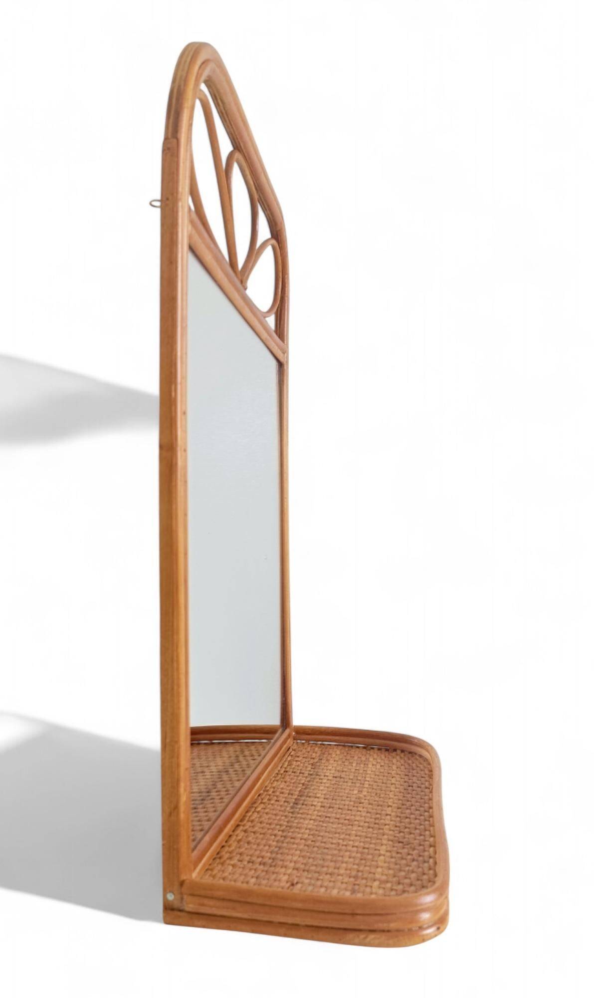 Mid Century French Riviera Rattan and Wicker Mirror With Shelf, Spain, 1960s–70s