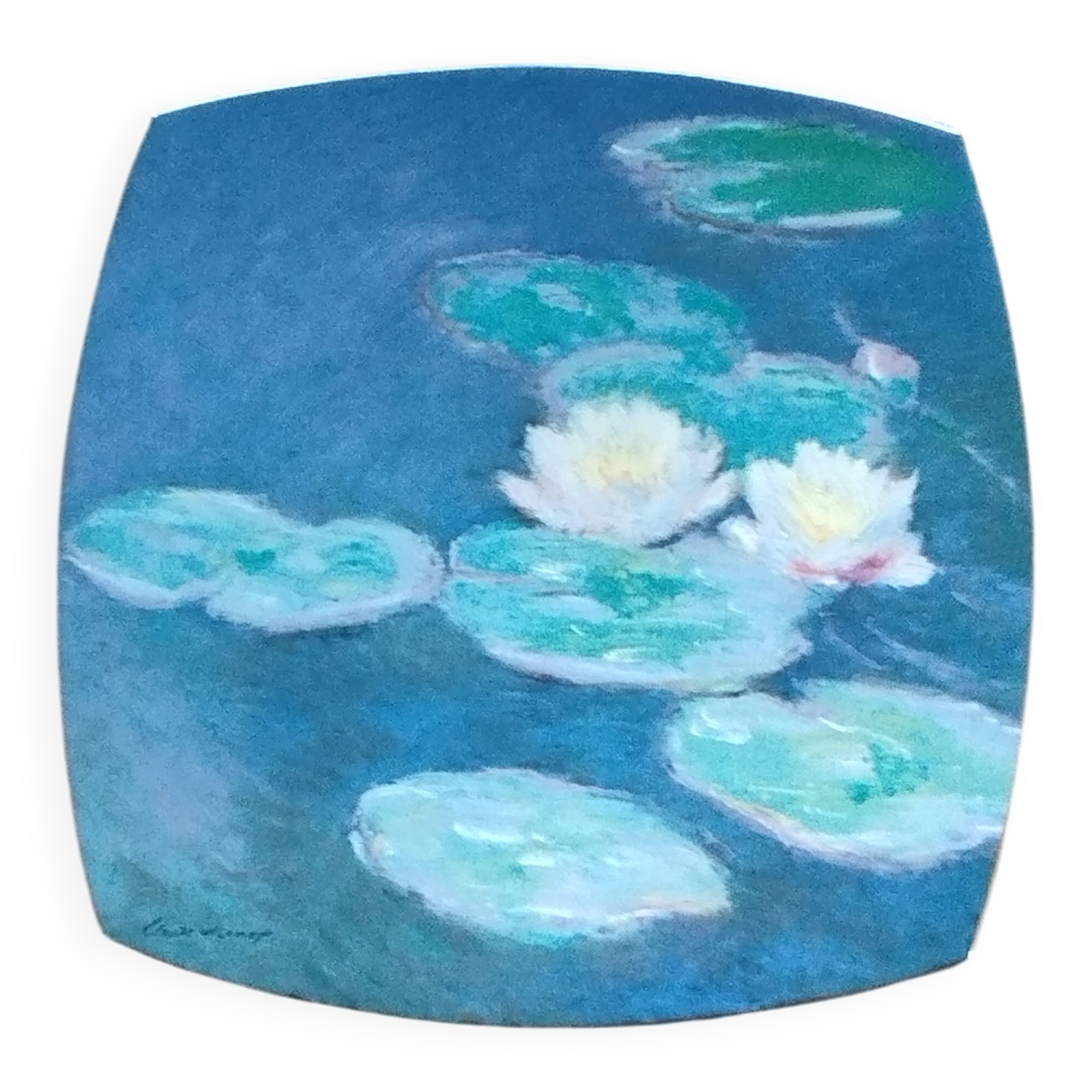 Square bowl in Lunéville Saint Clément earthenware, Monet's Water Lilies decoration.