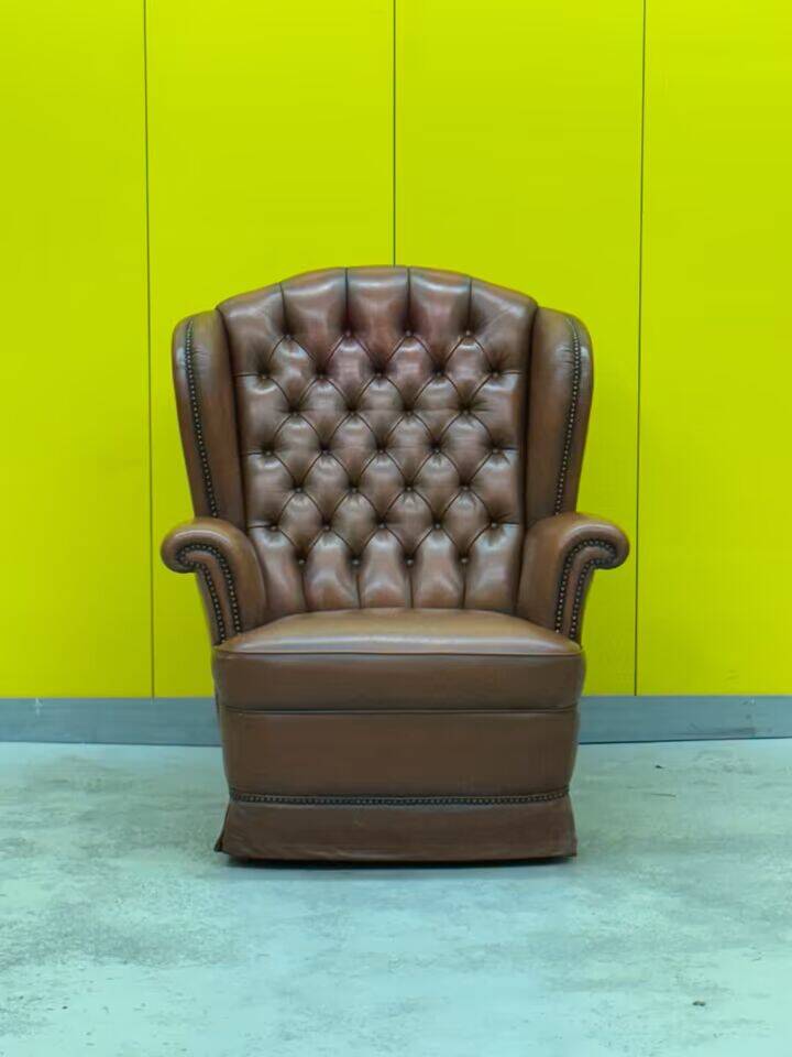 Original English Chesterfield Wingback Chair - Vintage Cognac Leather
