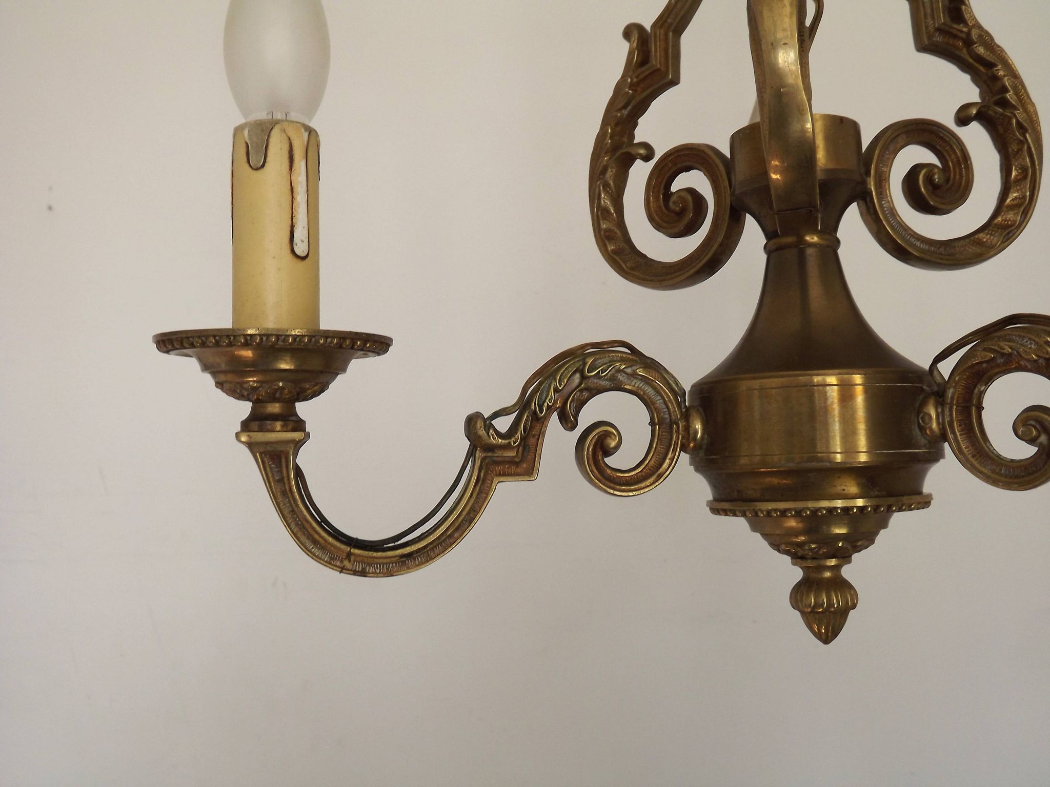 French Vintage Bronze Art Nouveau Style 3-Light 3-Sided Cage Chandelier