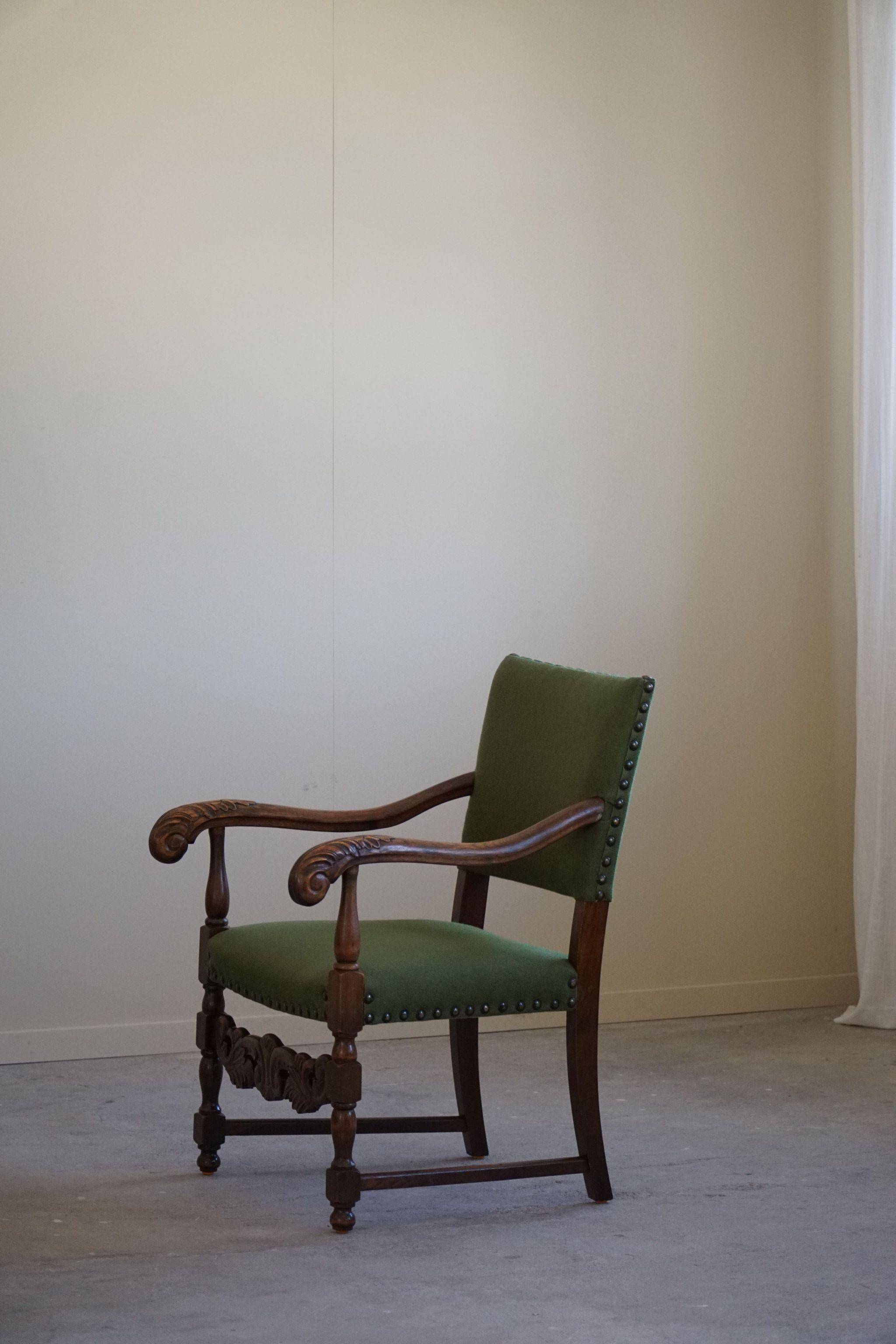 Oak and wool armchairs, Louis XIII style, by a French cabinetmaker from the 1930s.