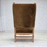 1970s, Scandinavian highback armchair, furniture corduroy, carved oak wood.