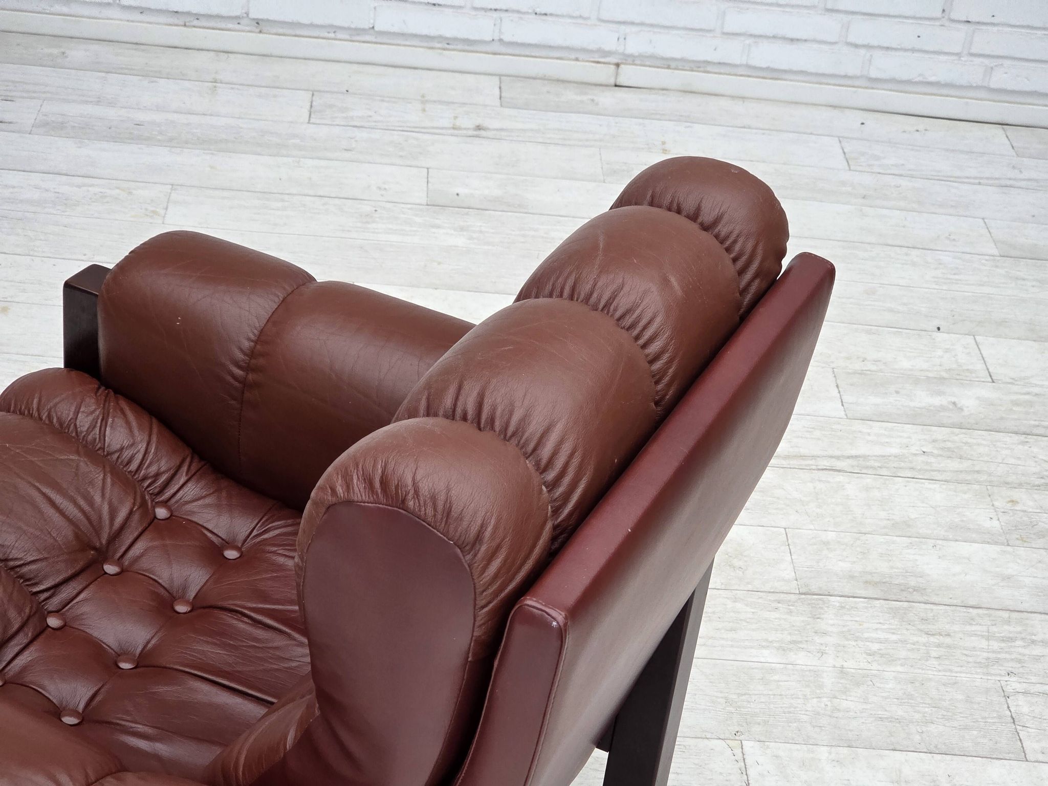 1970s, Scandinavian armchair, furniture leather, dark beech wood.