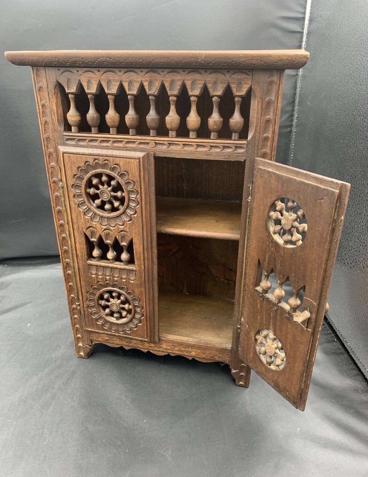 Miniature wooden wardrobe for dolls, hand-carved in Breton French style.