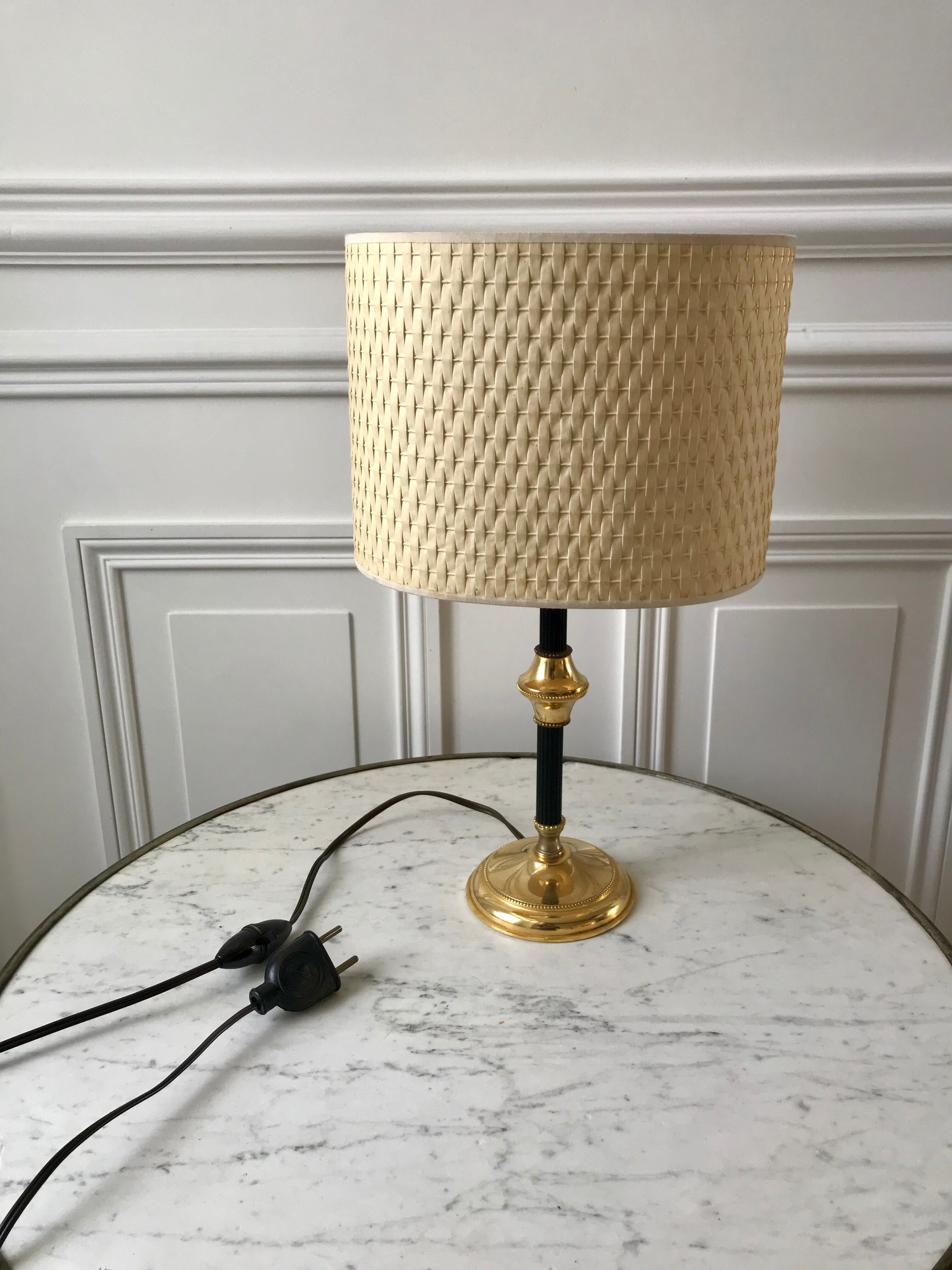 Brass and black metal lamp with woven lampshade woven 50s