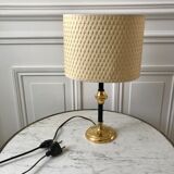 Brass and black metal lamp with woven lampshade woven 50s