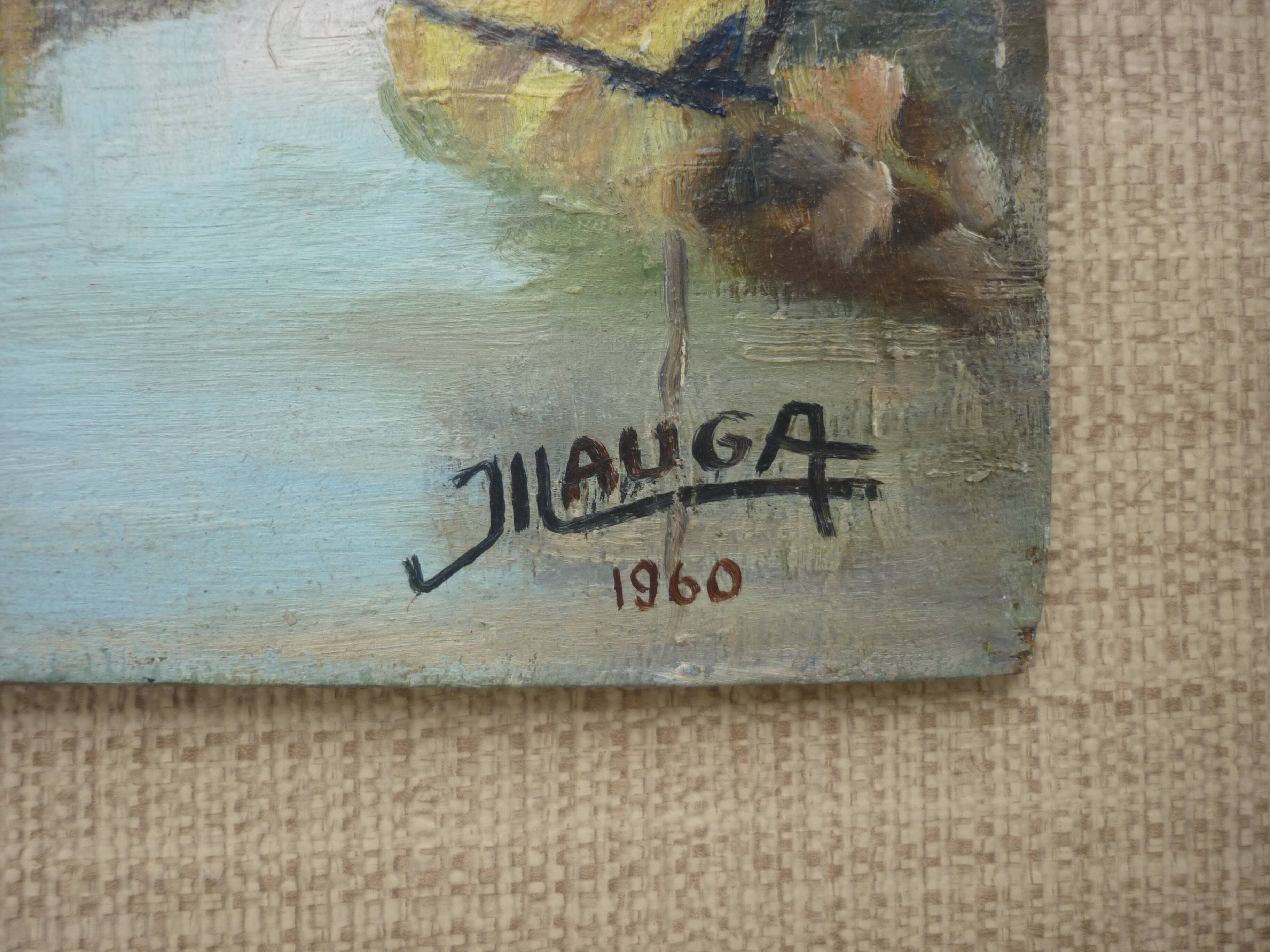 Oil painting on isorel signs J Lauga channel view