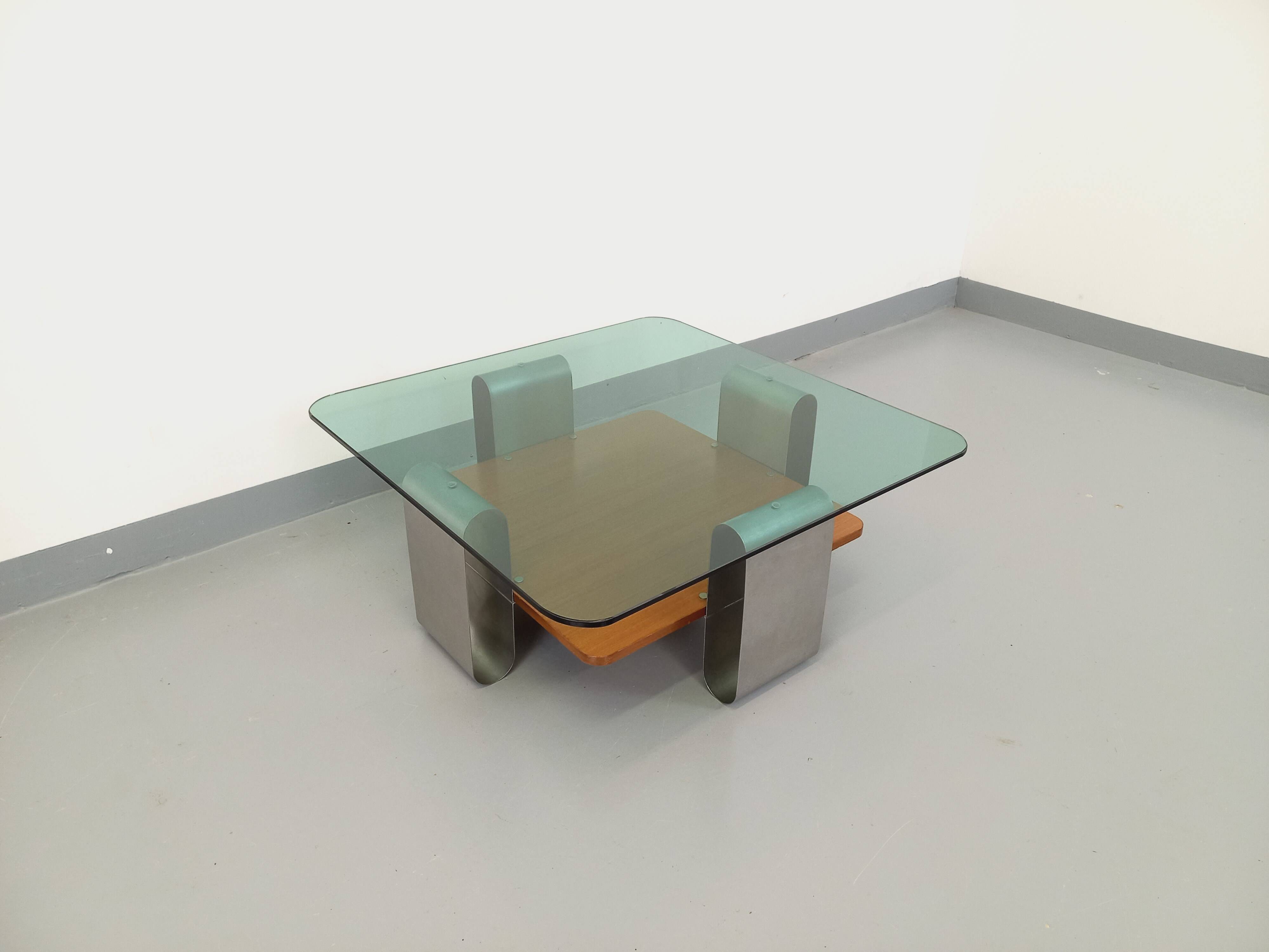 Square coffee table with 2 trays, vintage Space Age style from the 70s, in bluish smoked glass, teak