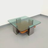 Square coffee table with 2 trays, vintage Space Age style from the 70s, in bluish smoked glass, teak