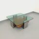 Square coffee table with 2 trays, vintage Space Age style from the 70s, in bluish smoked glass, teak