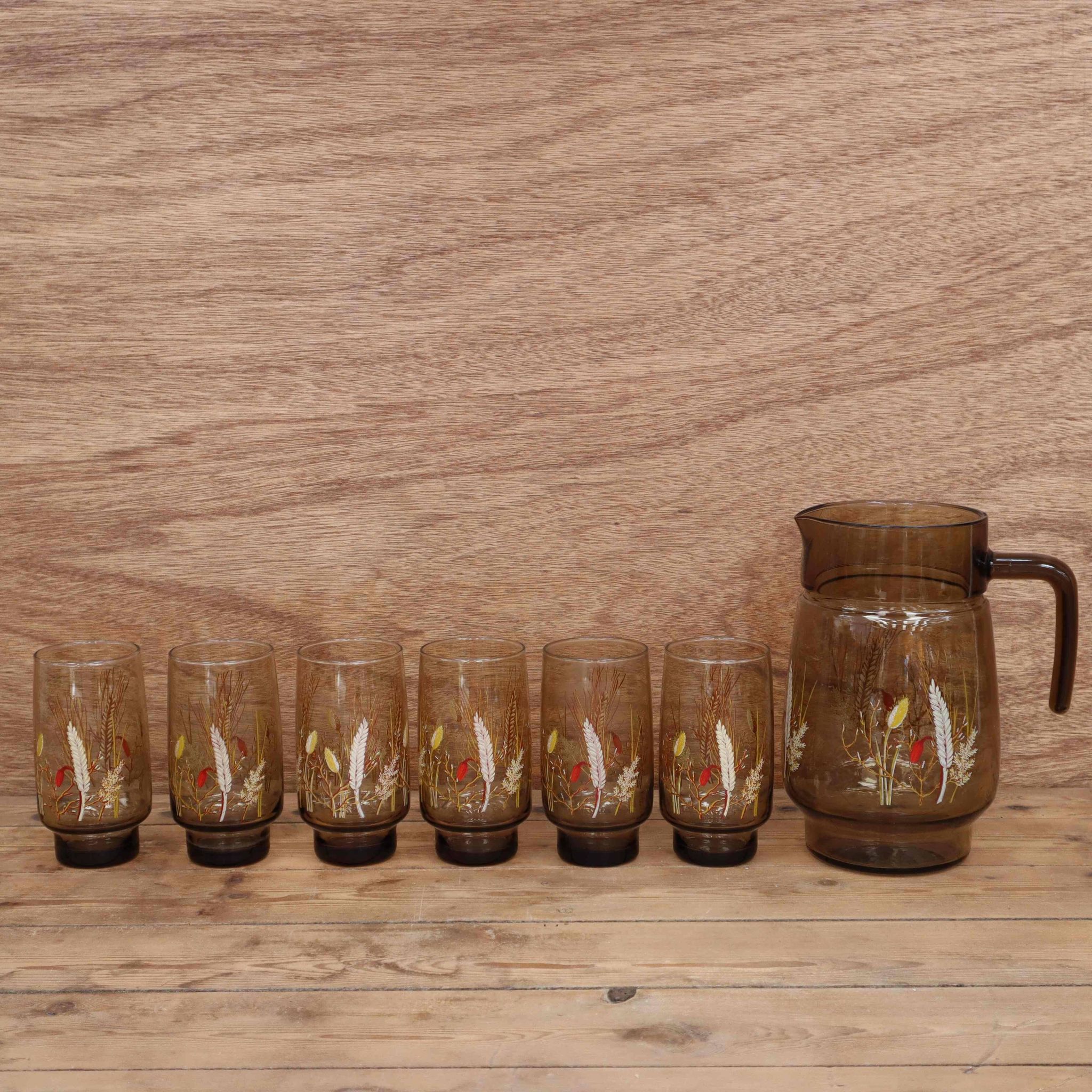 Set of 6 Orangeade Glasses and Smoked Pitcher with Arcoroc Ear of Wheat Decor