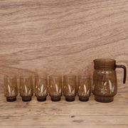Set of 6 Orangeade Glasses and Smoked Pitcher with Arcoroc Ear of Wheat Decor