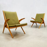 Set of 2 vintage design lounge armchairs ‘scissor legs’