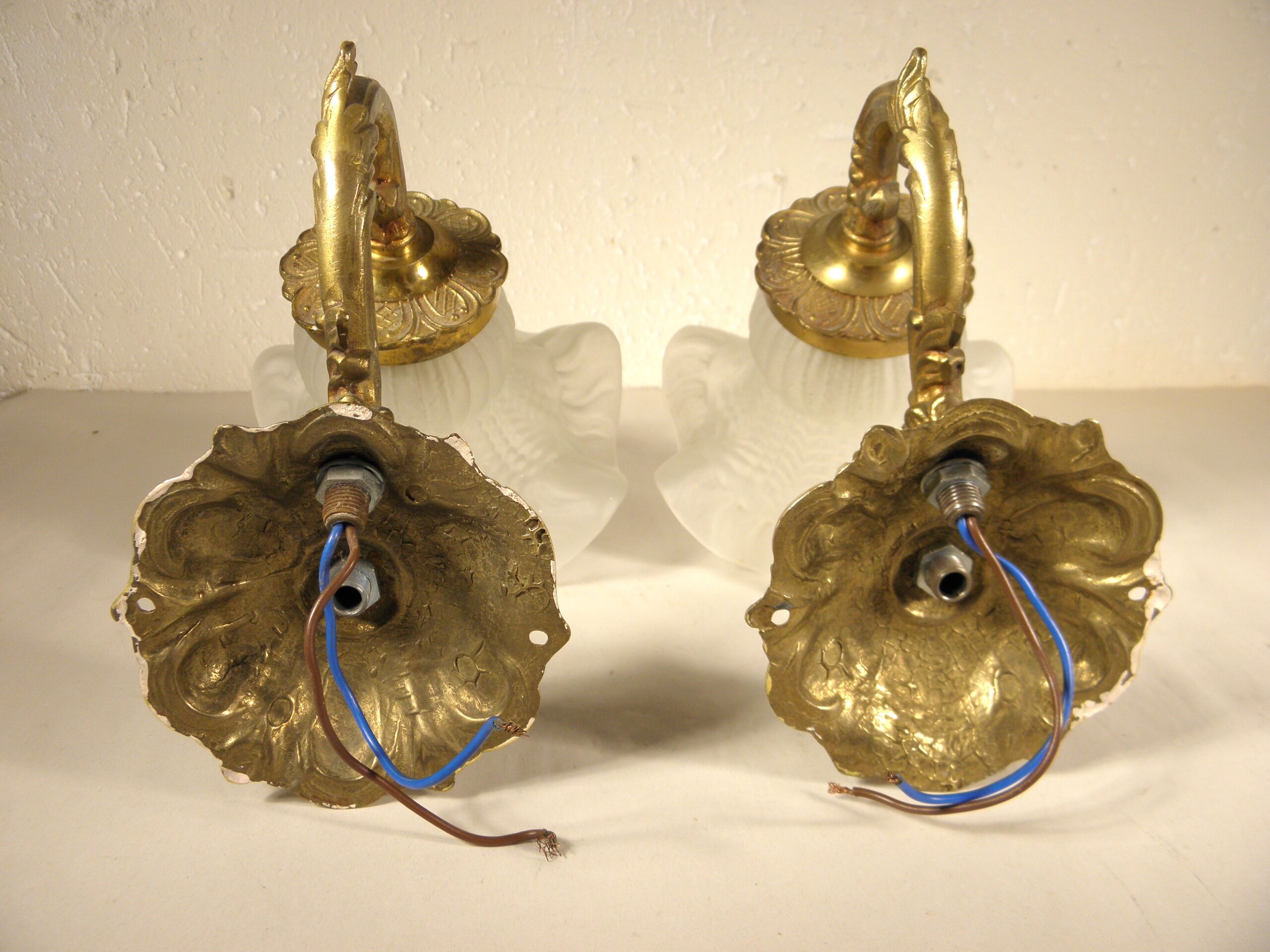 Pair of gooseneck sconces in brass and glass