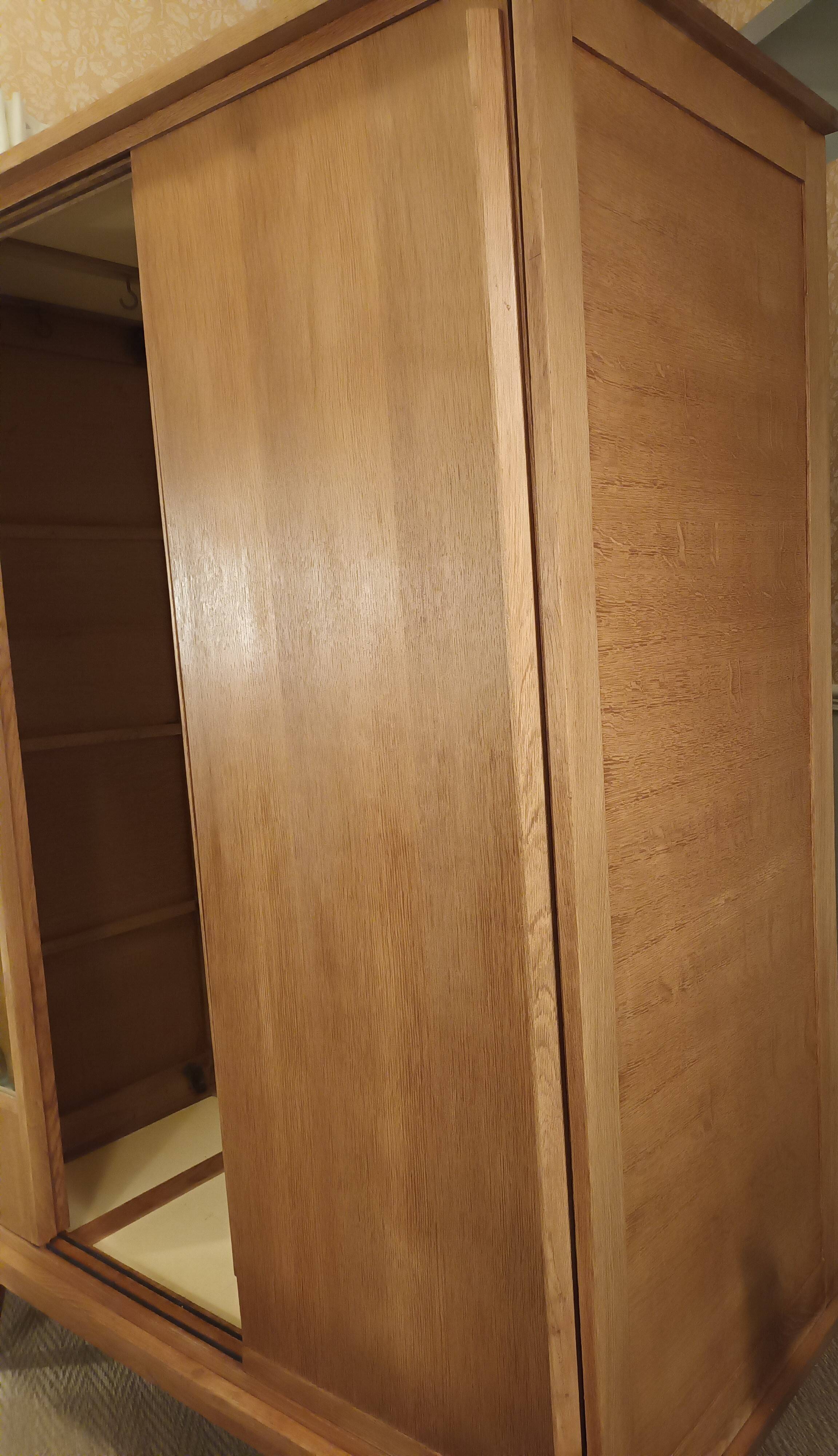 Vintage oak wardrobe with mirror with two sliding doors, France 1960s