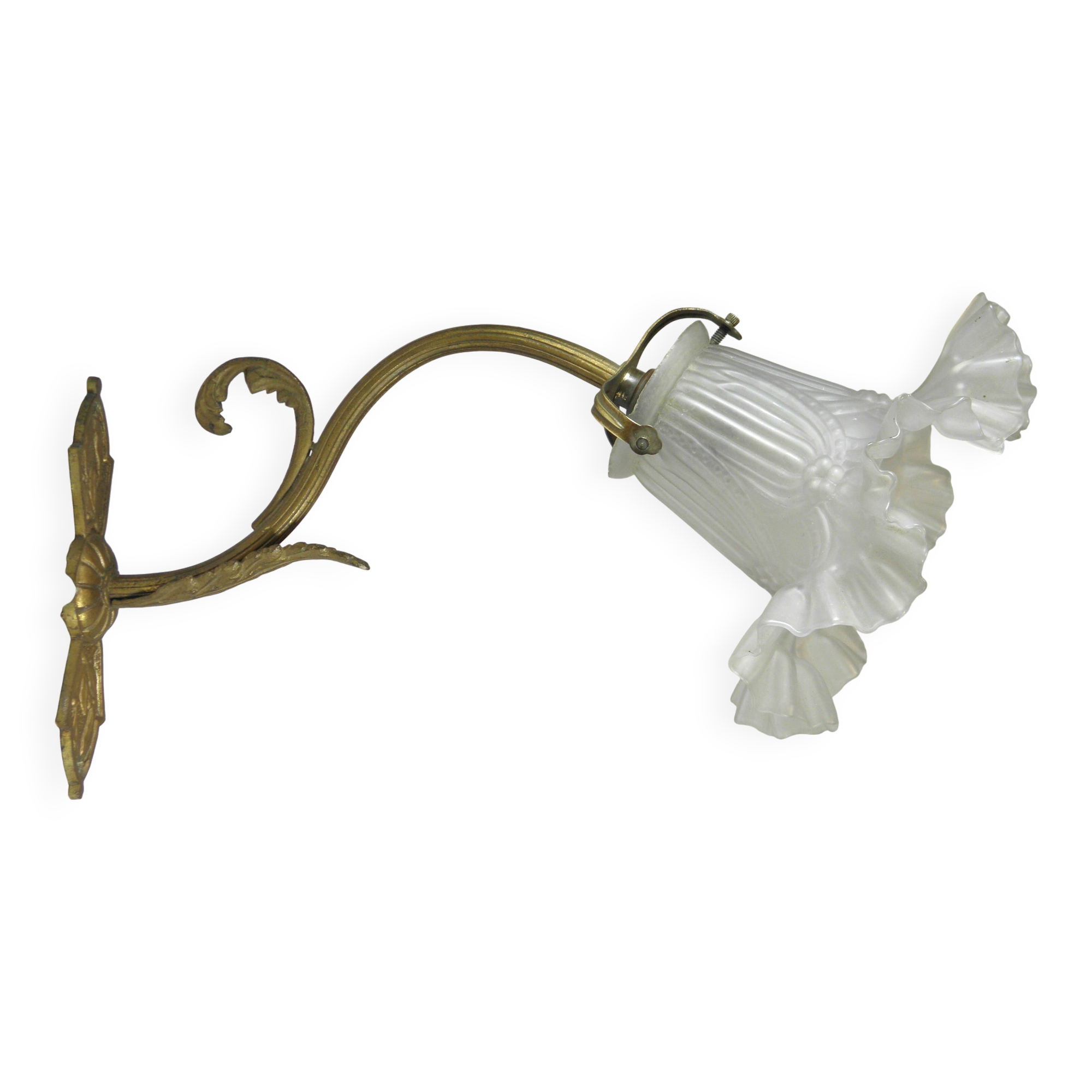 Swan neck wall light in gilded brass and glass