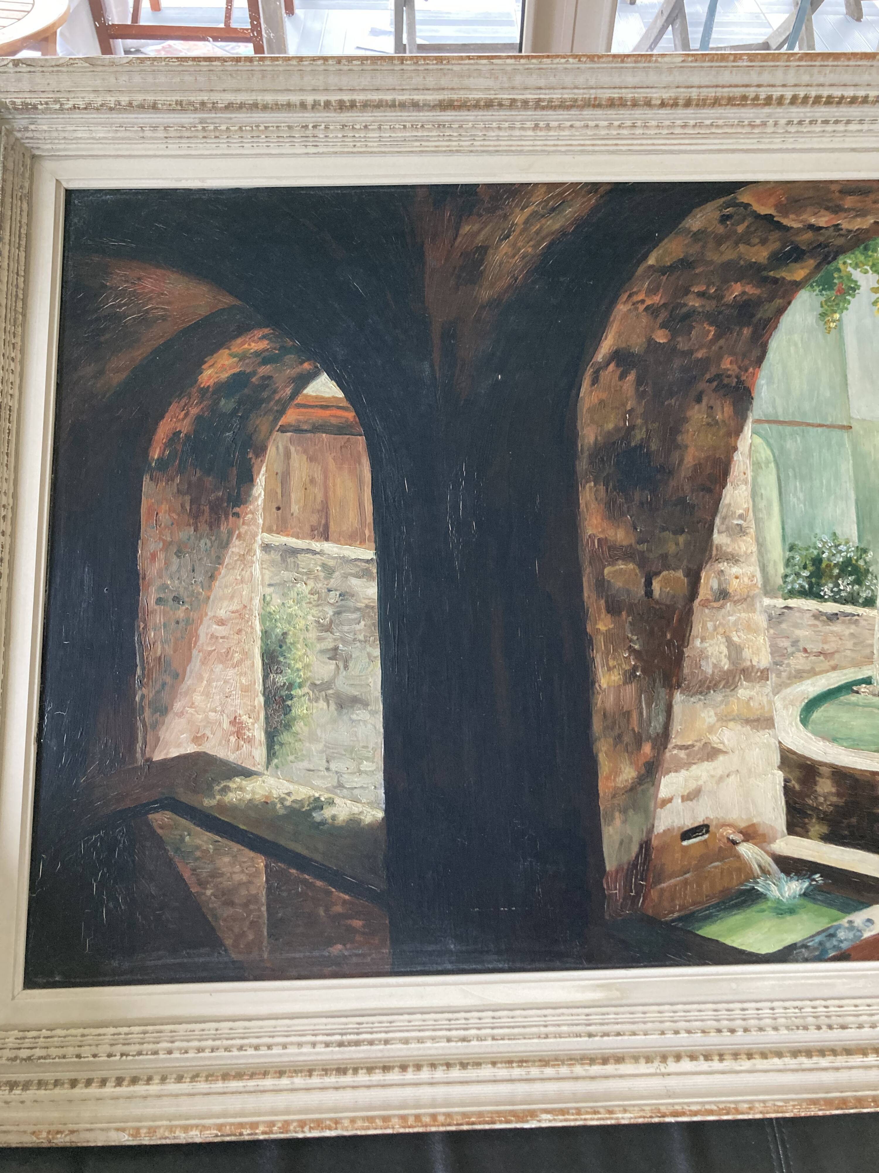Framed oil fountain painting