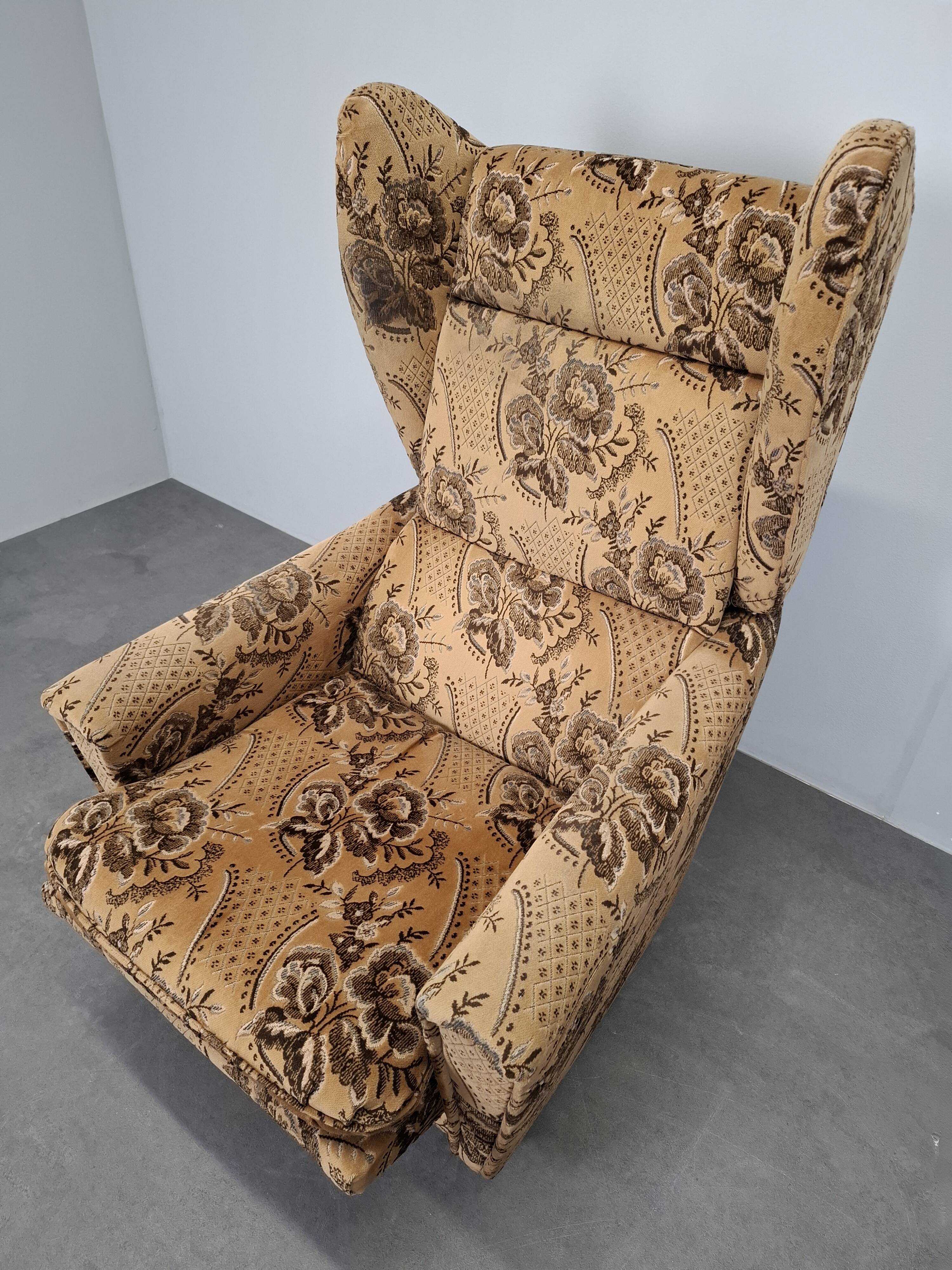 Mid-Century Czechoslovak Plush Wingback Recliner Chair, 1970s